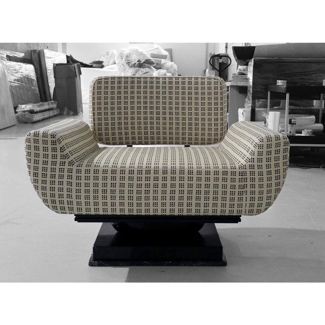 Leather Modern Cream Armchair Bouclé Lacquered in Gloss With Brass Details For Sale