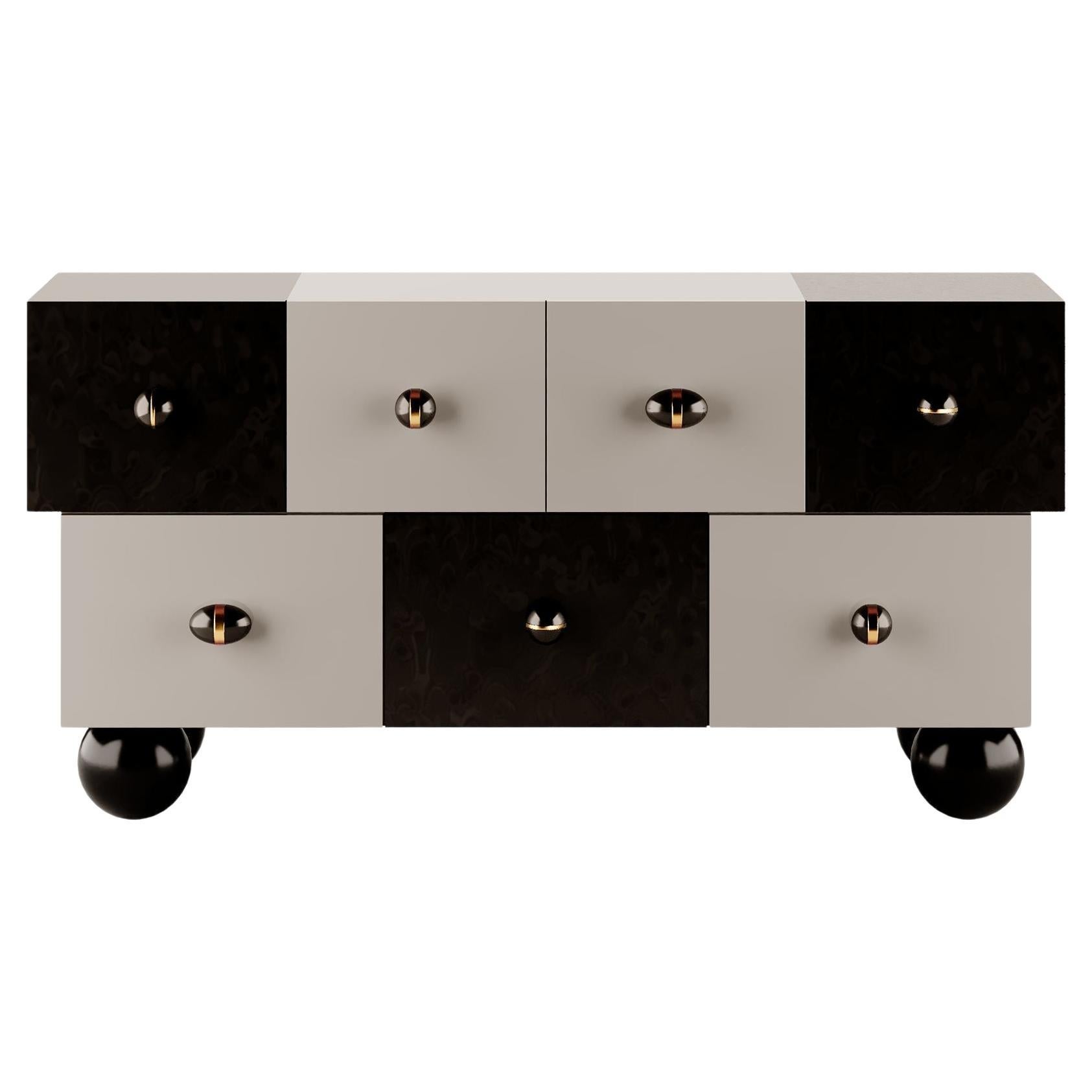 Buffet en bois du 21e siècle, laqué noir et blanc, détails dorés