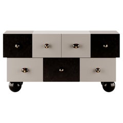 Buffet en bois du 21e siècle, laqué noir et blanc, détails dorés