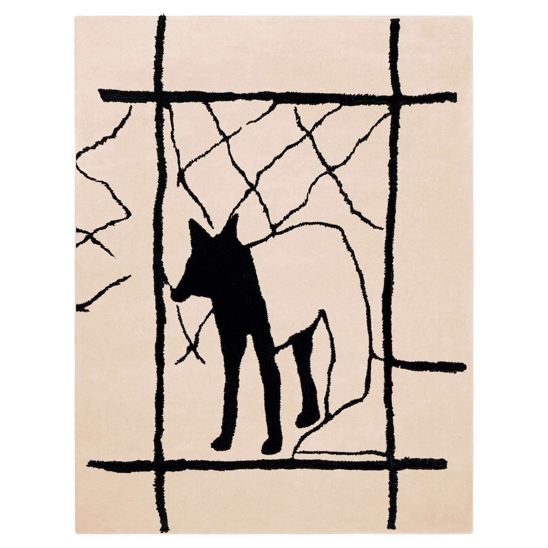 21th Century Modern Wool Rug Rectangular Animal Graphic Pattern Sand & Black