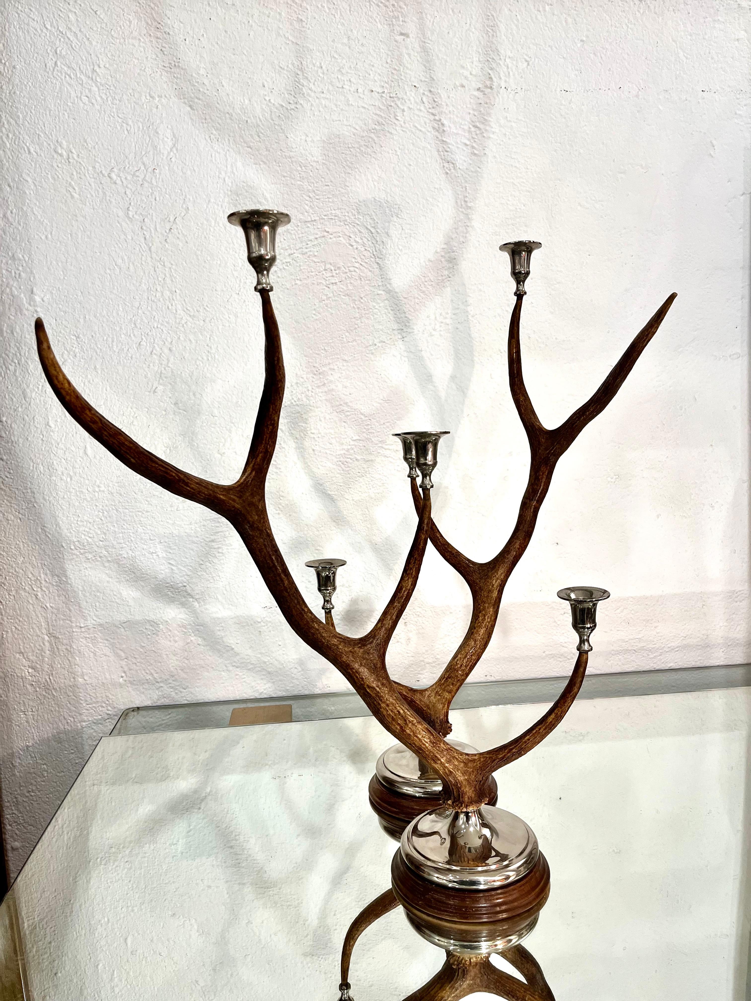 21th Century Pair of Deer Antler and Metal Candlestick 4