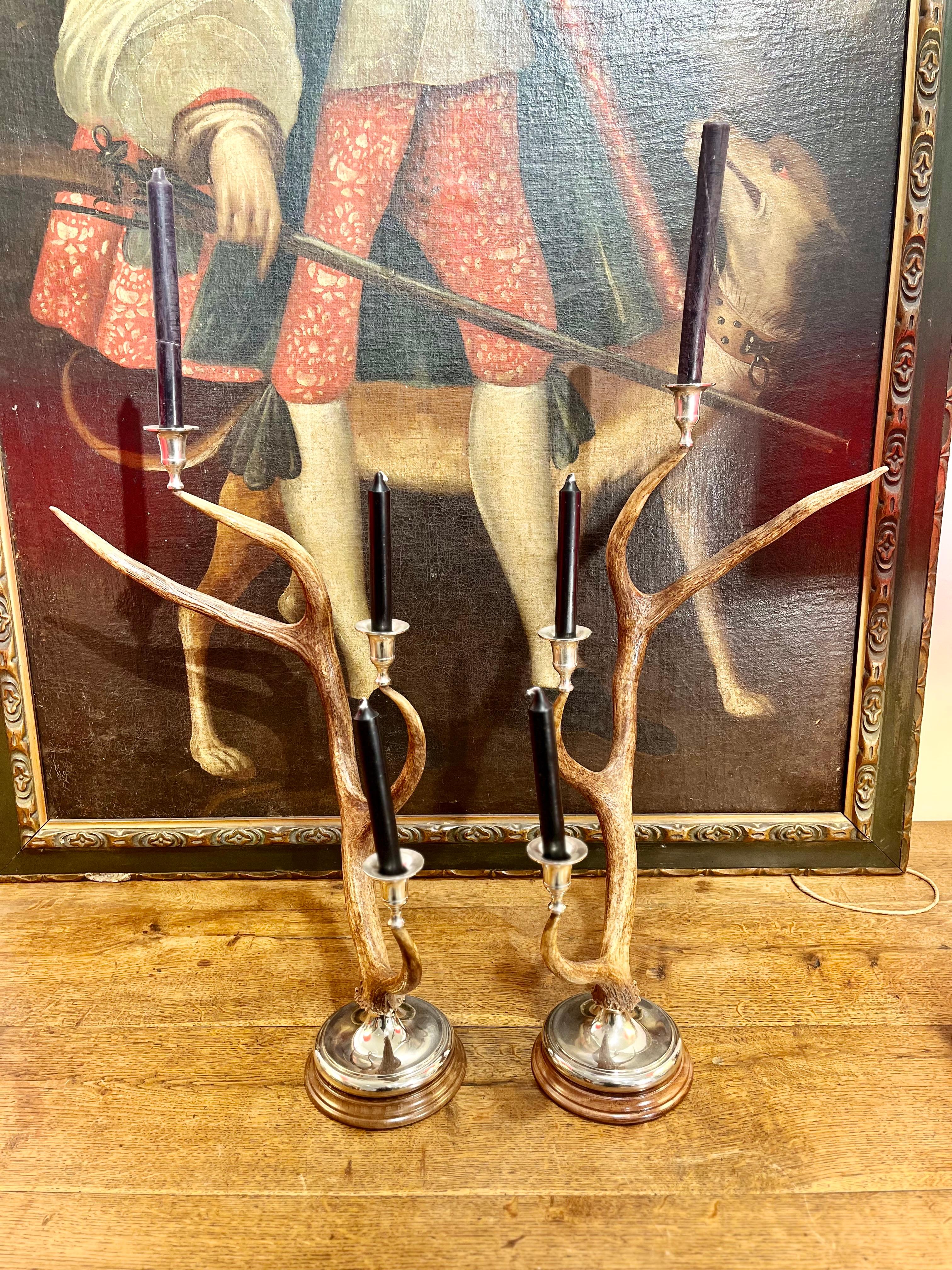 21th Century Pair of Deer Antler and Metal Candlestick 5