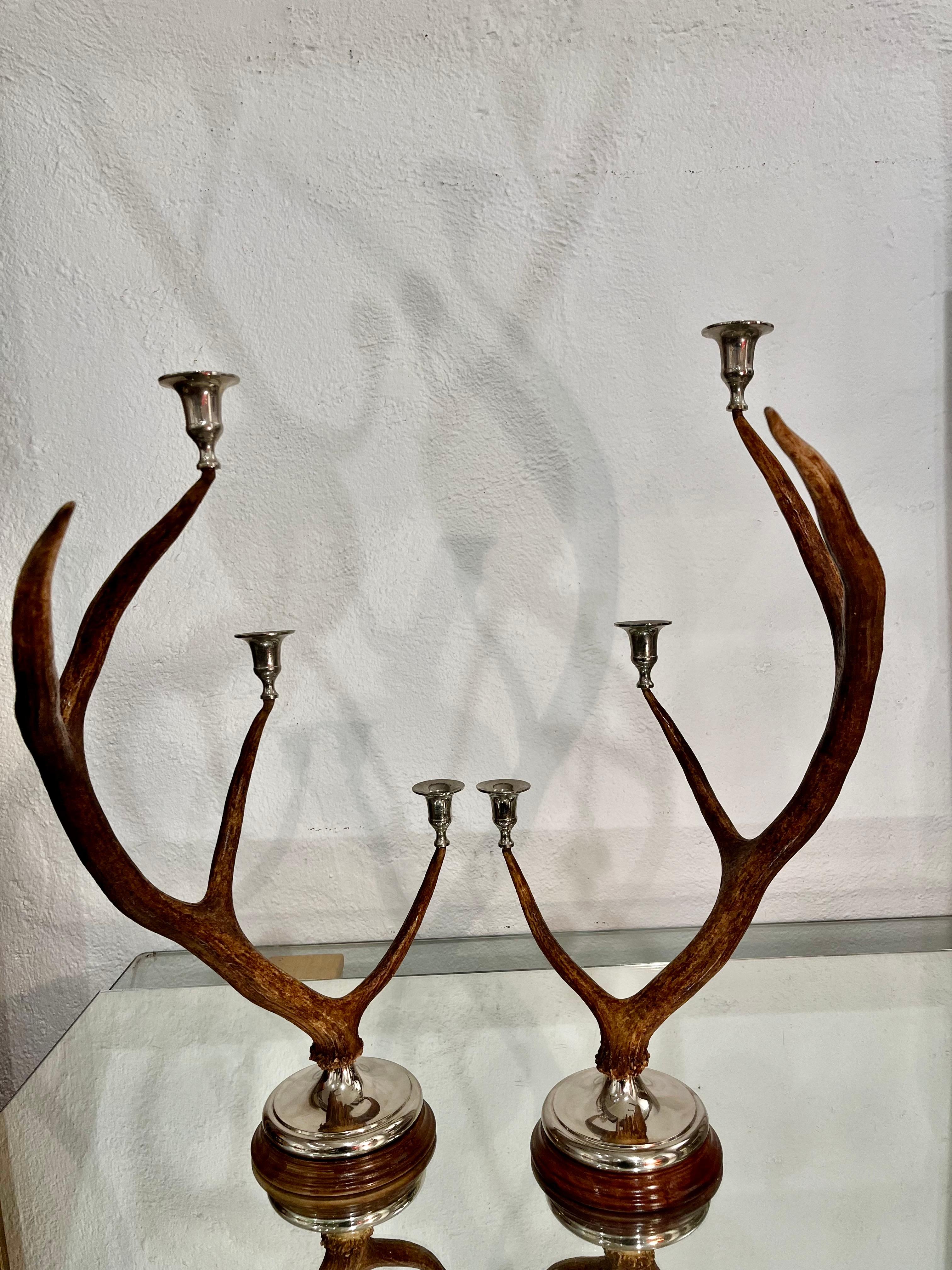 21th Century Pair of Deer Antler and Metal Candlestick 7