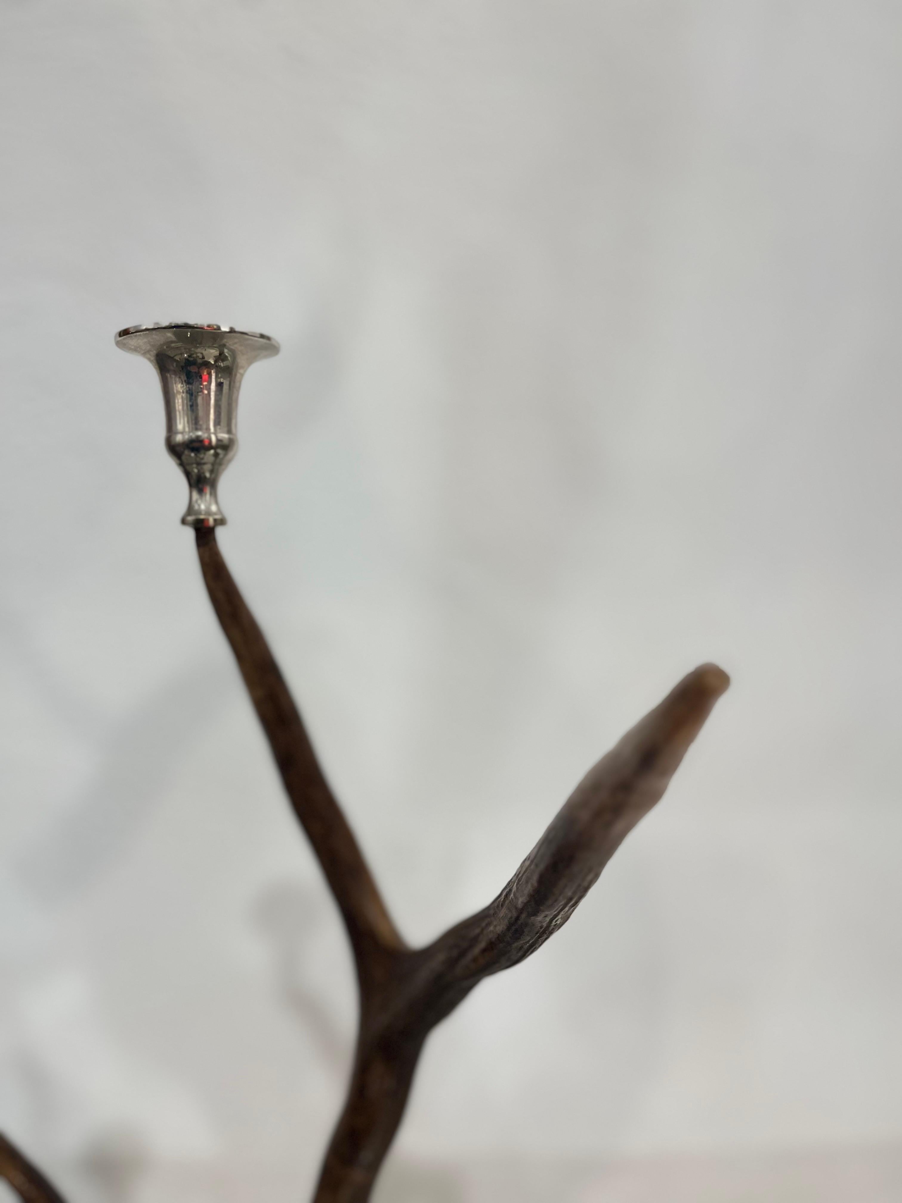 21th Century Pair of Deer Antler and Metal Candlestick 8