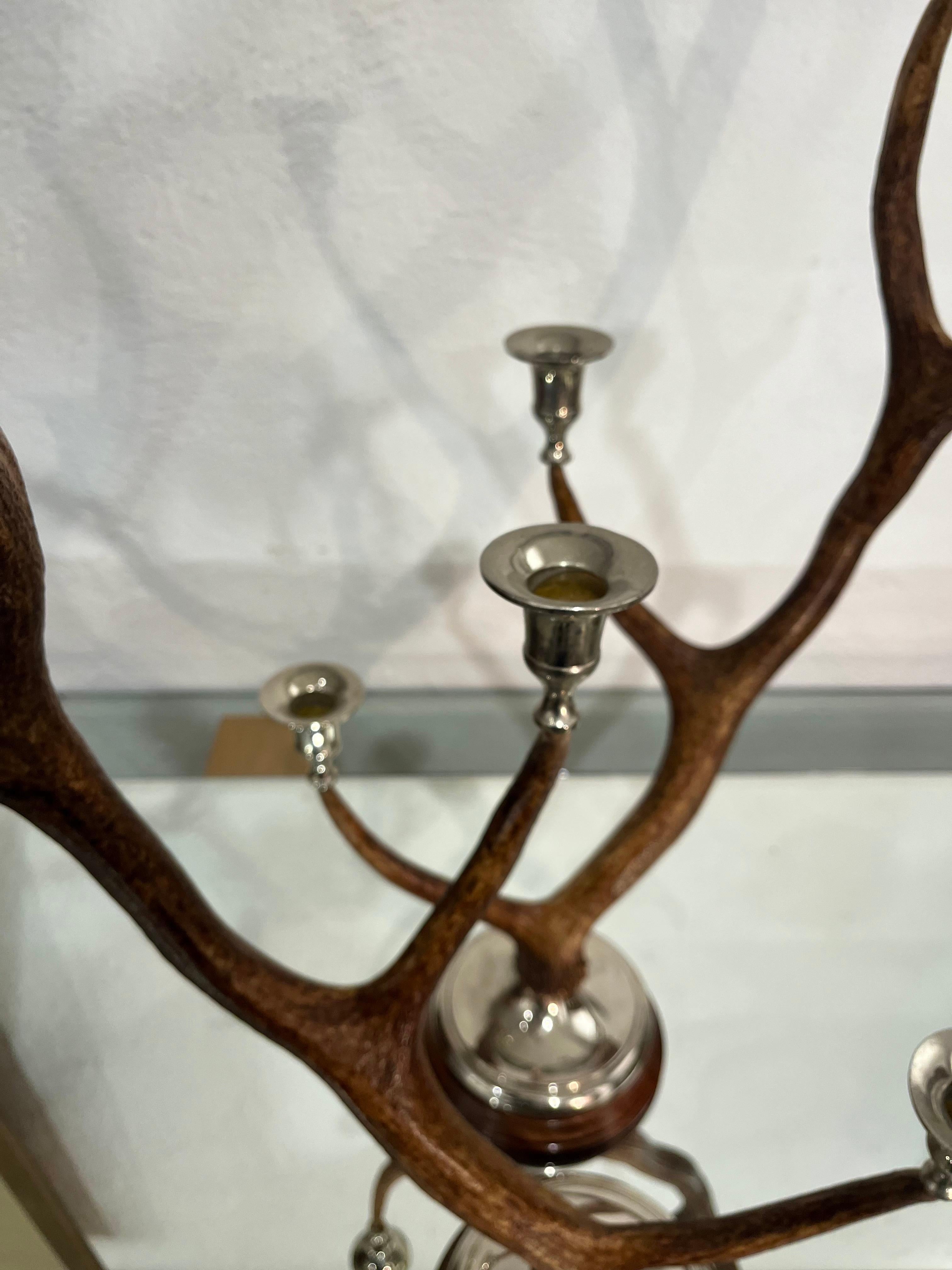 21th Century Pair of Deer Antler and Metal Candlestick 9