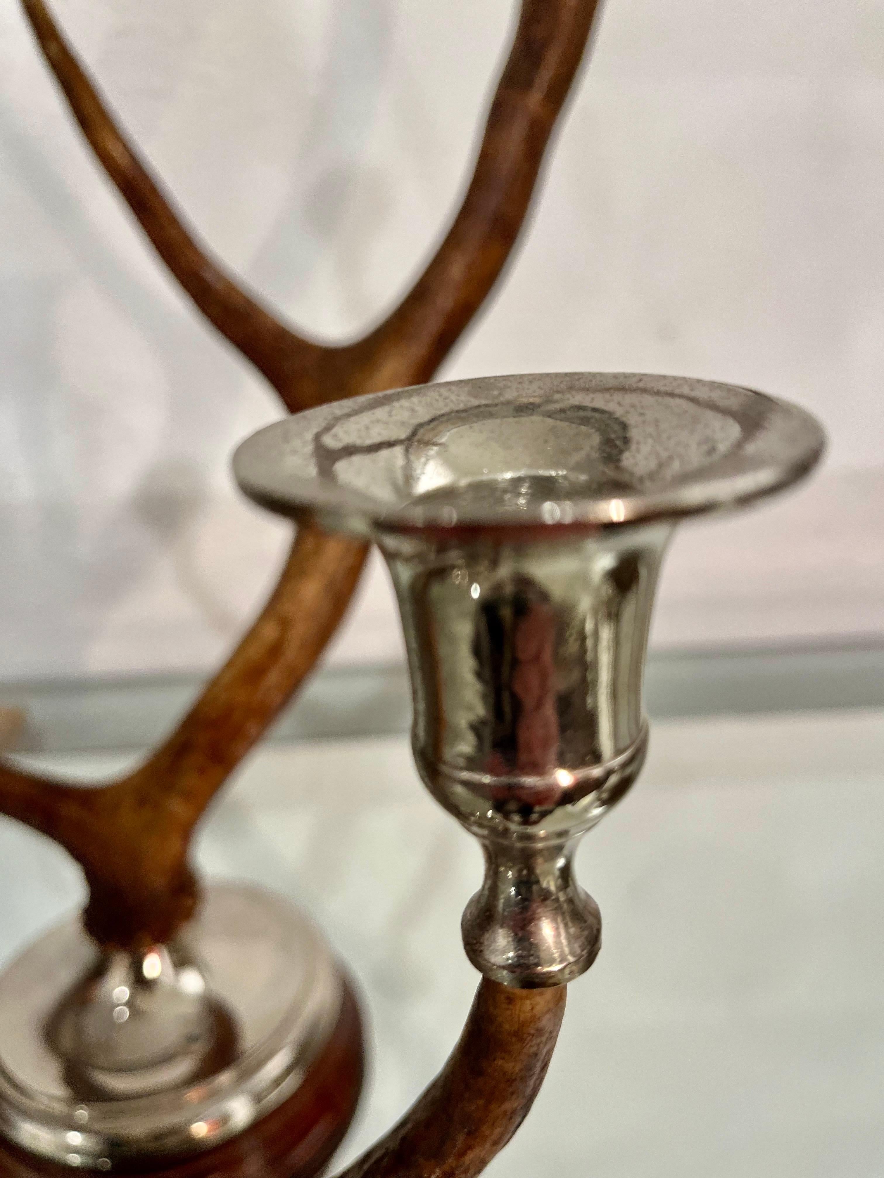 21th Century Pair of Deer Antler and Metal Candlestick 10