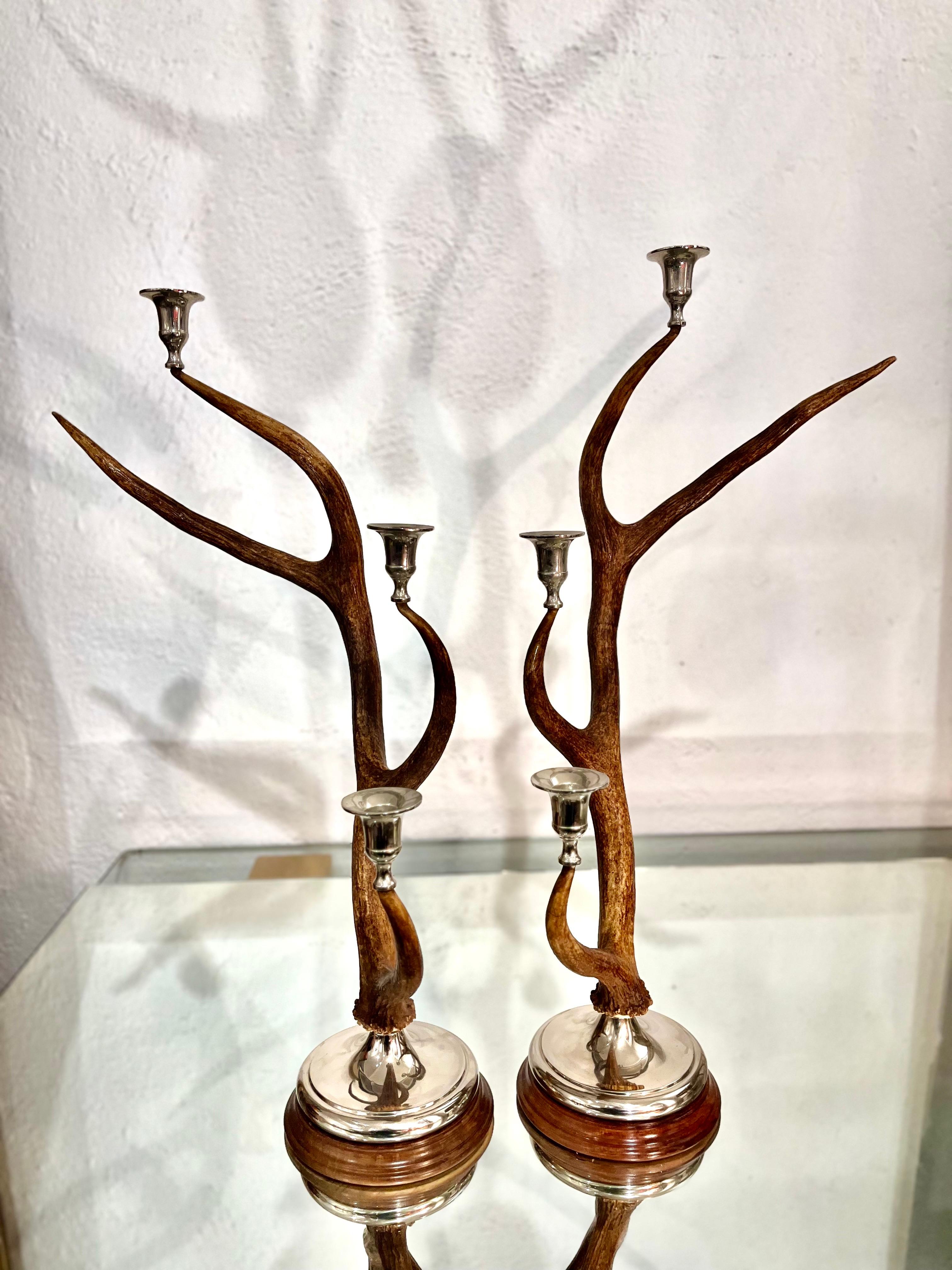 21th Century Pair of Deer Antler and Metal Candlestick 11