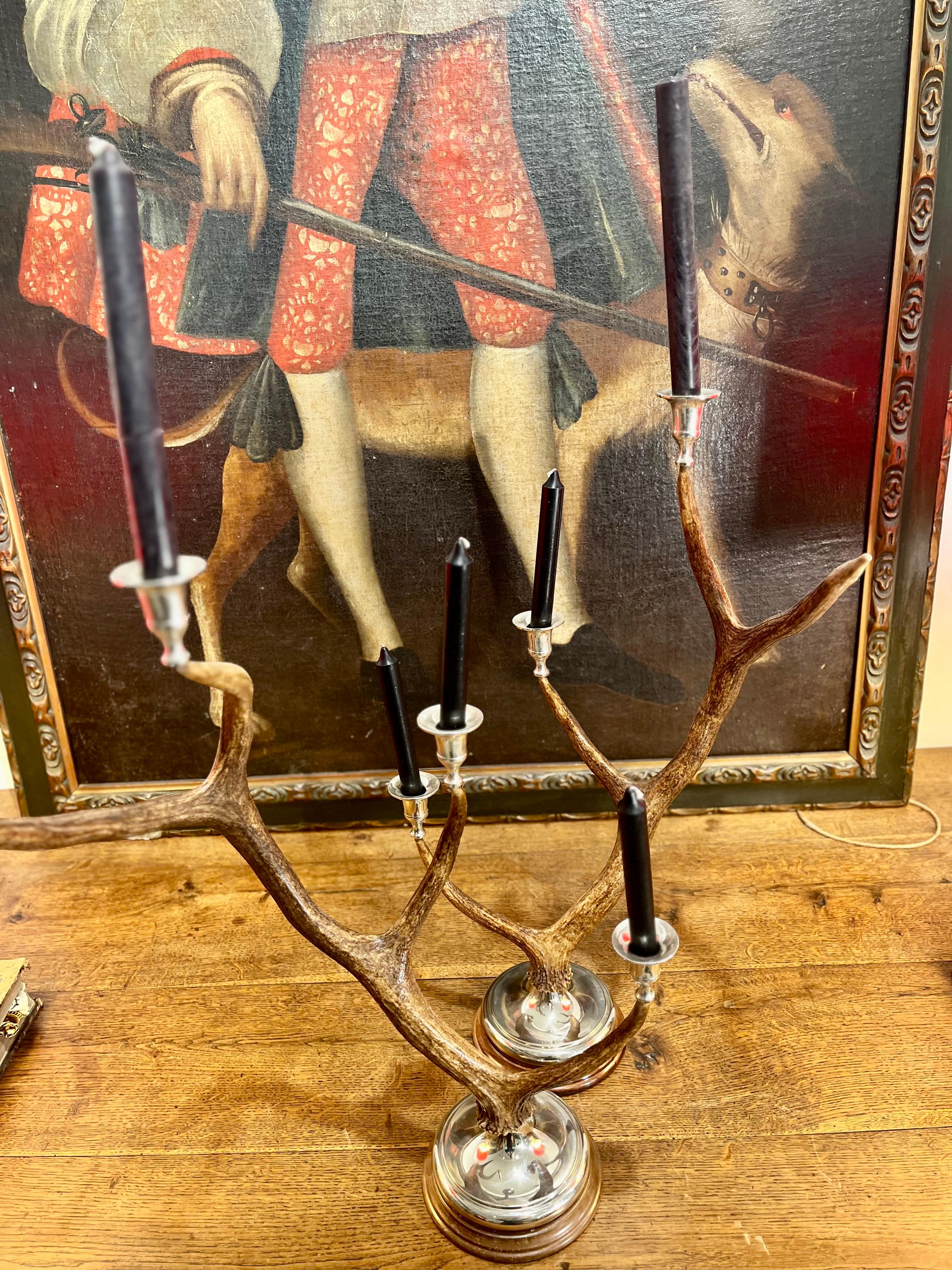 Country 21th Century Pair of Deer Antler and Metal Candlestick