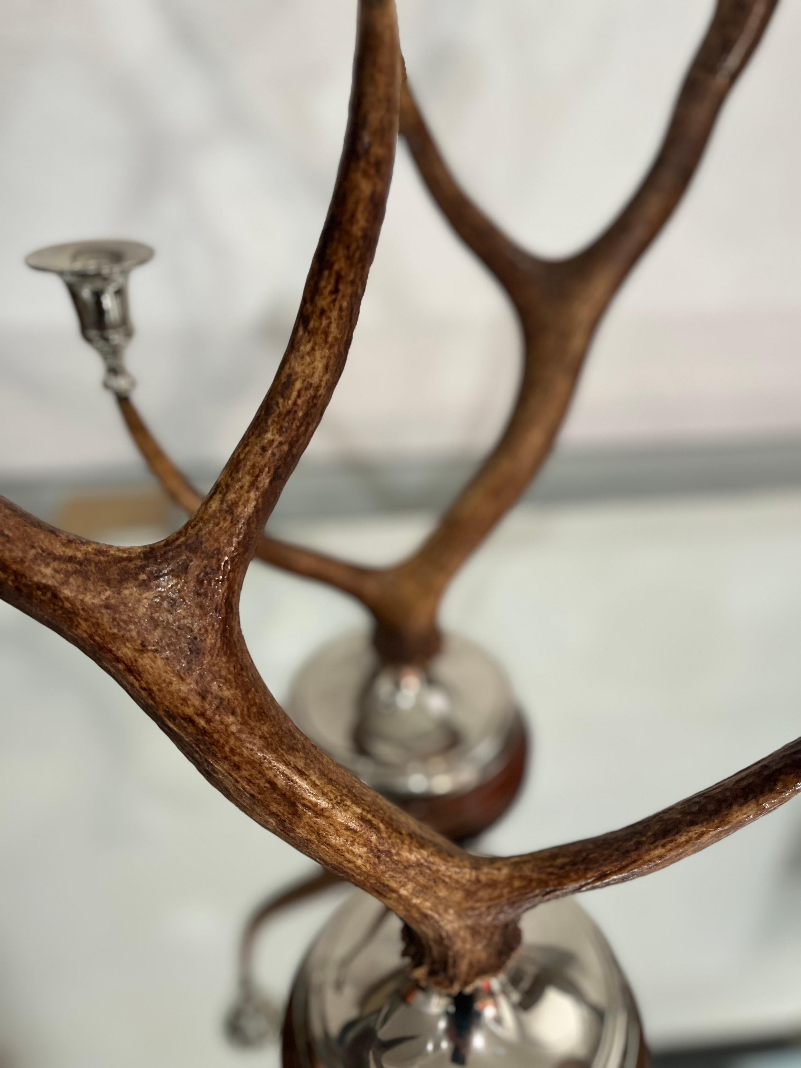 Spanish 21th Century Pair of Deer Antler and Metal Candlestick