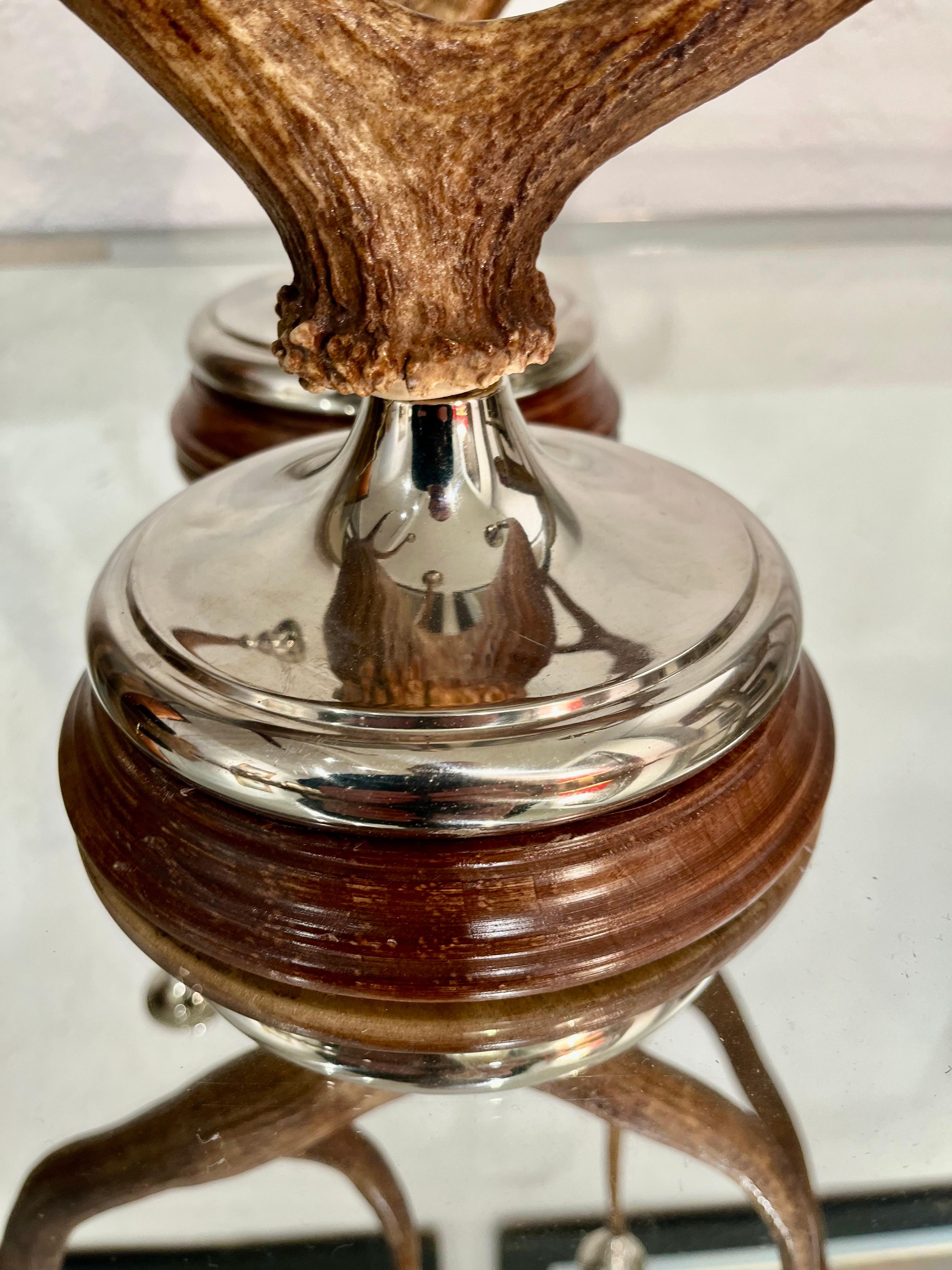 Contemporary 21th Century Pair of Deer Antler and Metal Candlestick