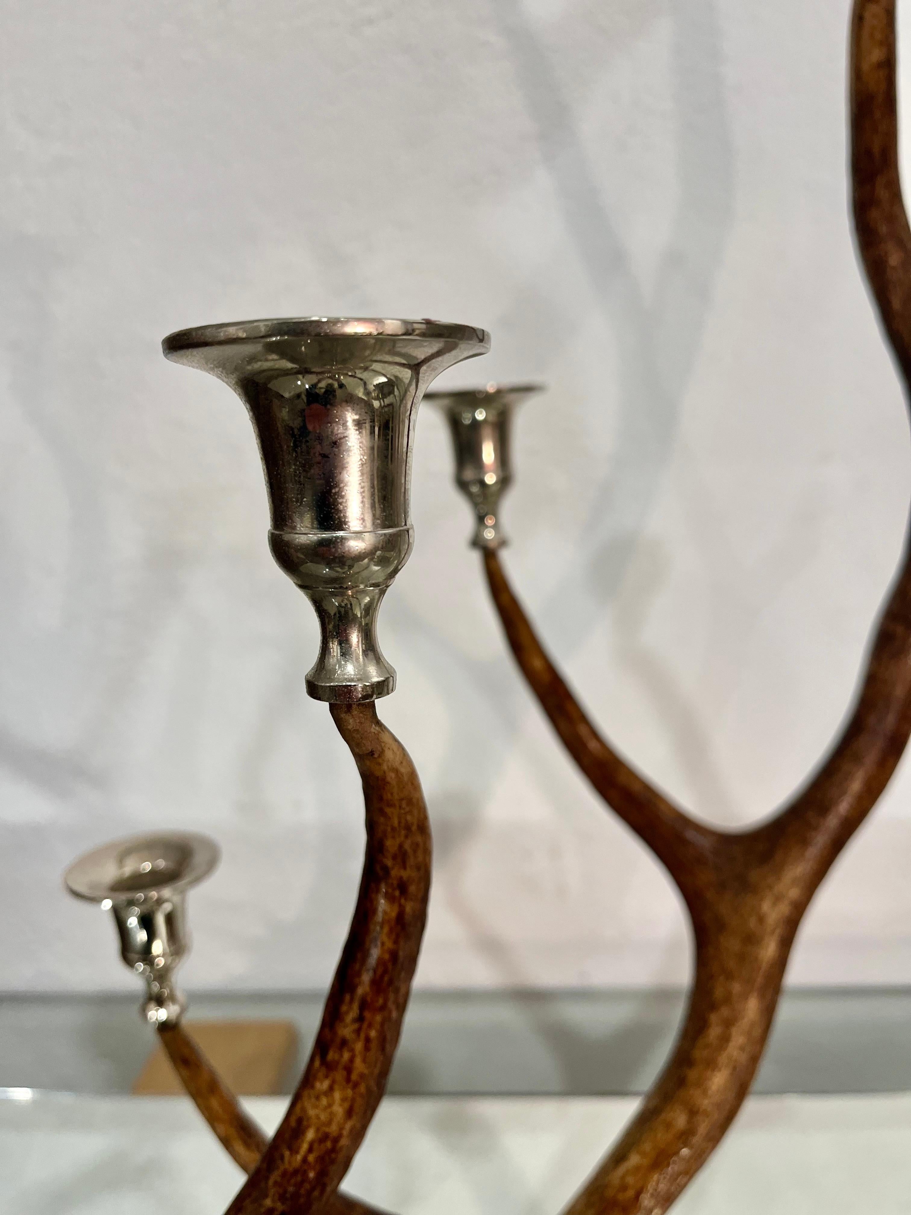 21th Century Pair of Deer Antler and Metal Candlestick 1