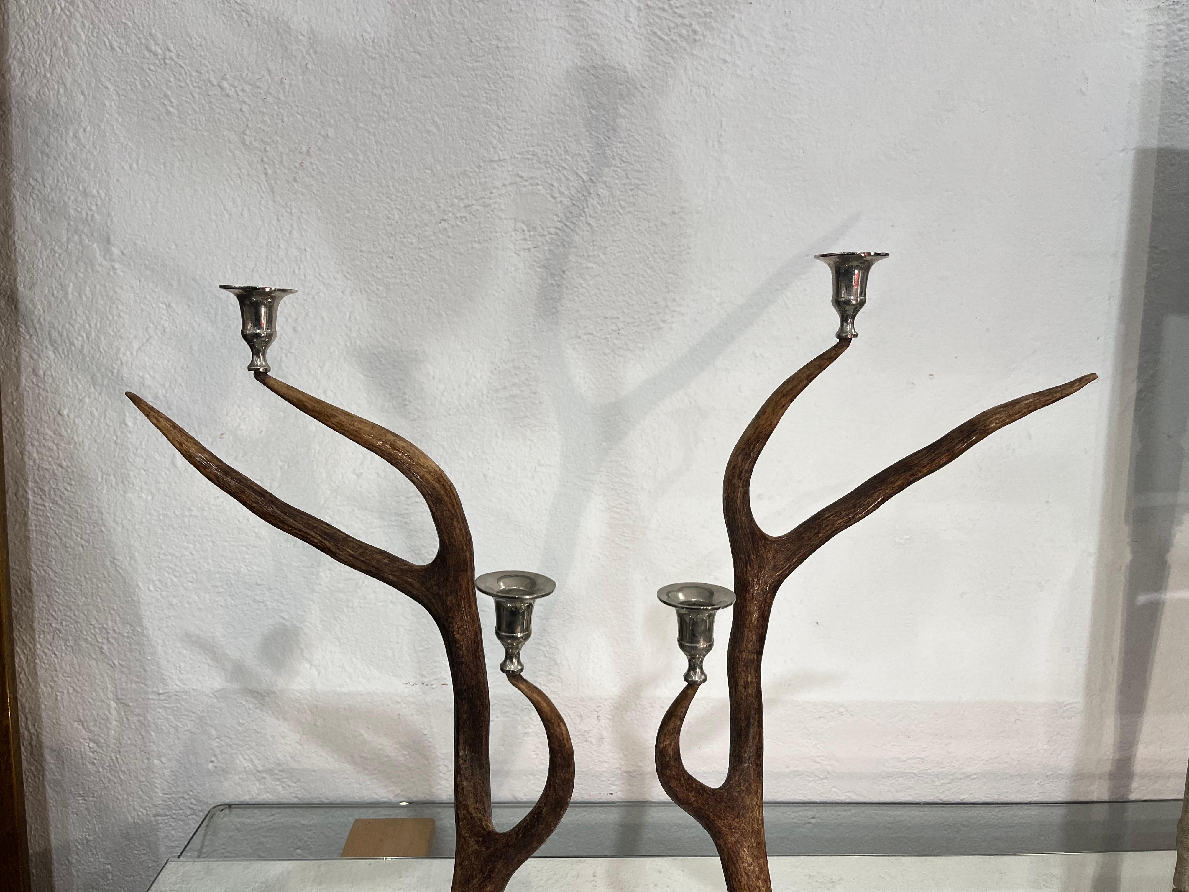 21th Century Pair of Deer Antler and Metal Candlestick 2