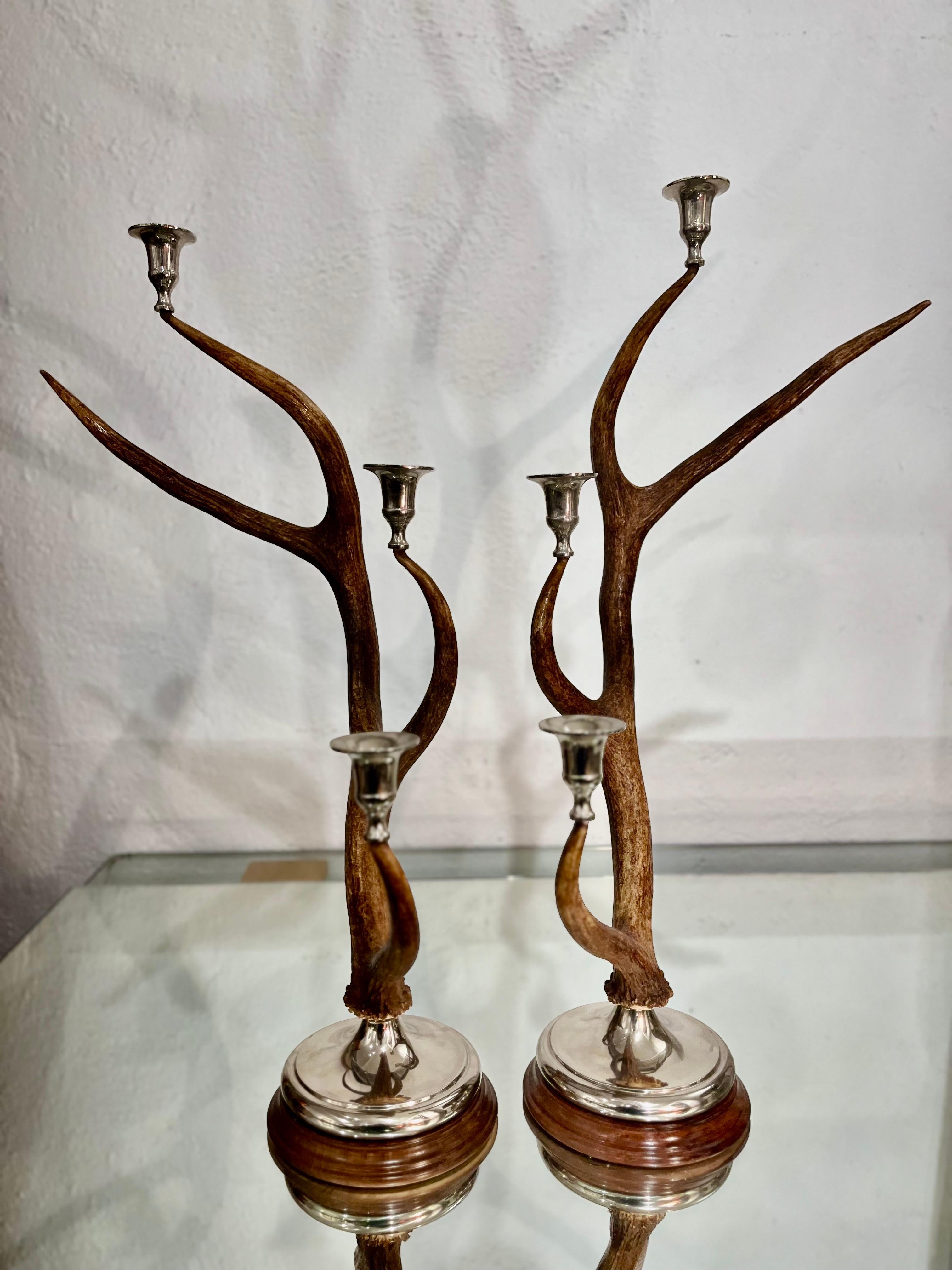 21th Century Pair of Deer Antler and Metal Candlestick 3
