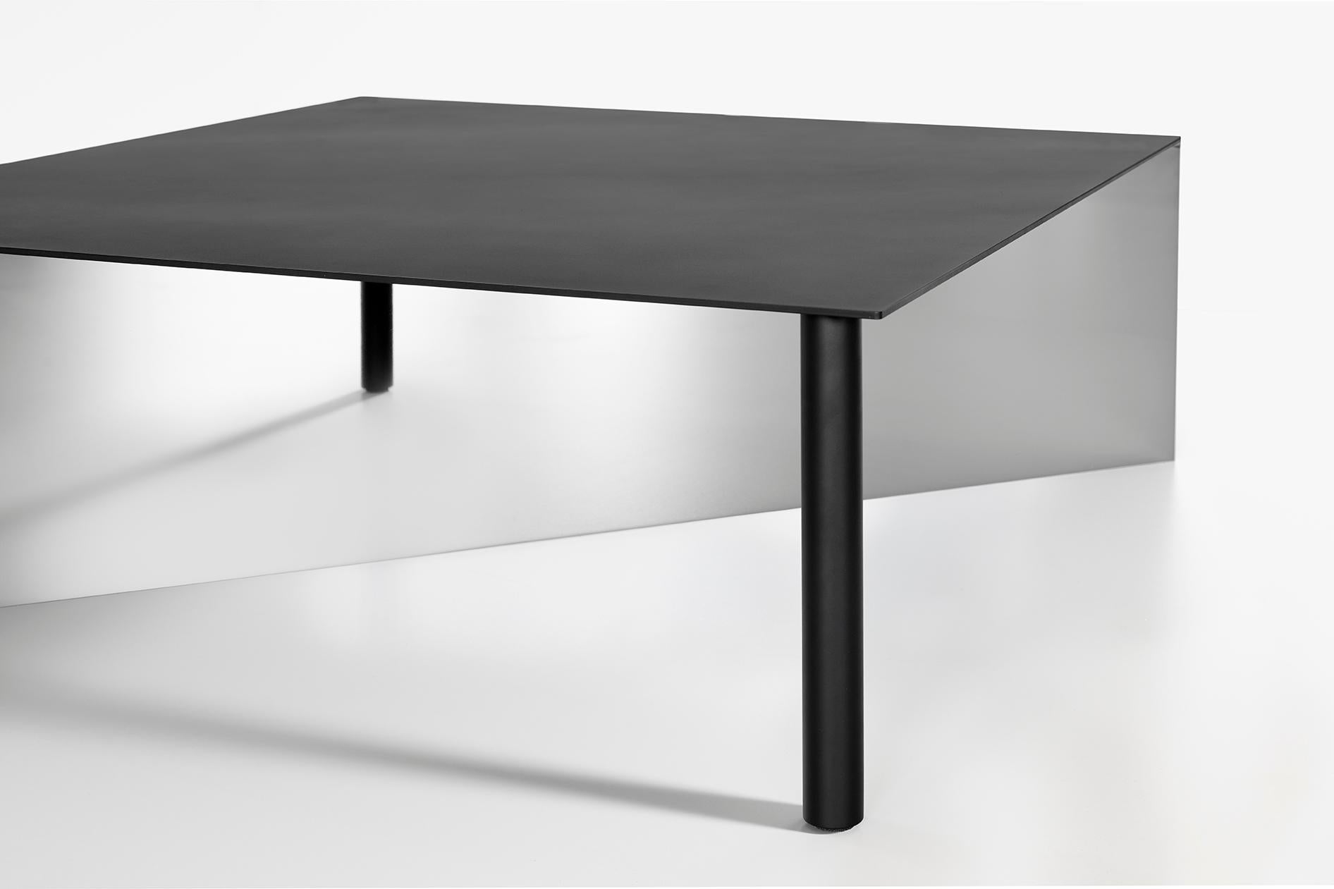 Piatto is a family of tables made from solid steel plate; despite the material, however, the objects look light. The range includes small side tables, large coffee tables, and tall display tables. Piatto tables are perhaps familiar - the angles,