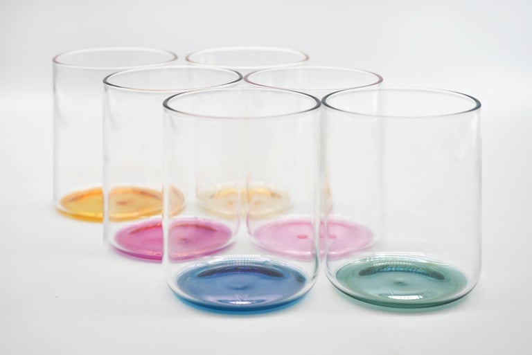 Set of 6 glass.
Dimensions of each glass : Ø7 x H8,5 cm
The “Iride” glass exploit the phenomenon of light refraction and play with the bottom color, transporting it to the surface. Iride is made for the water, perfect liquid for the experiment,