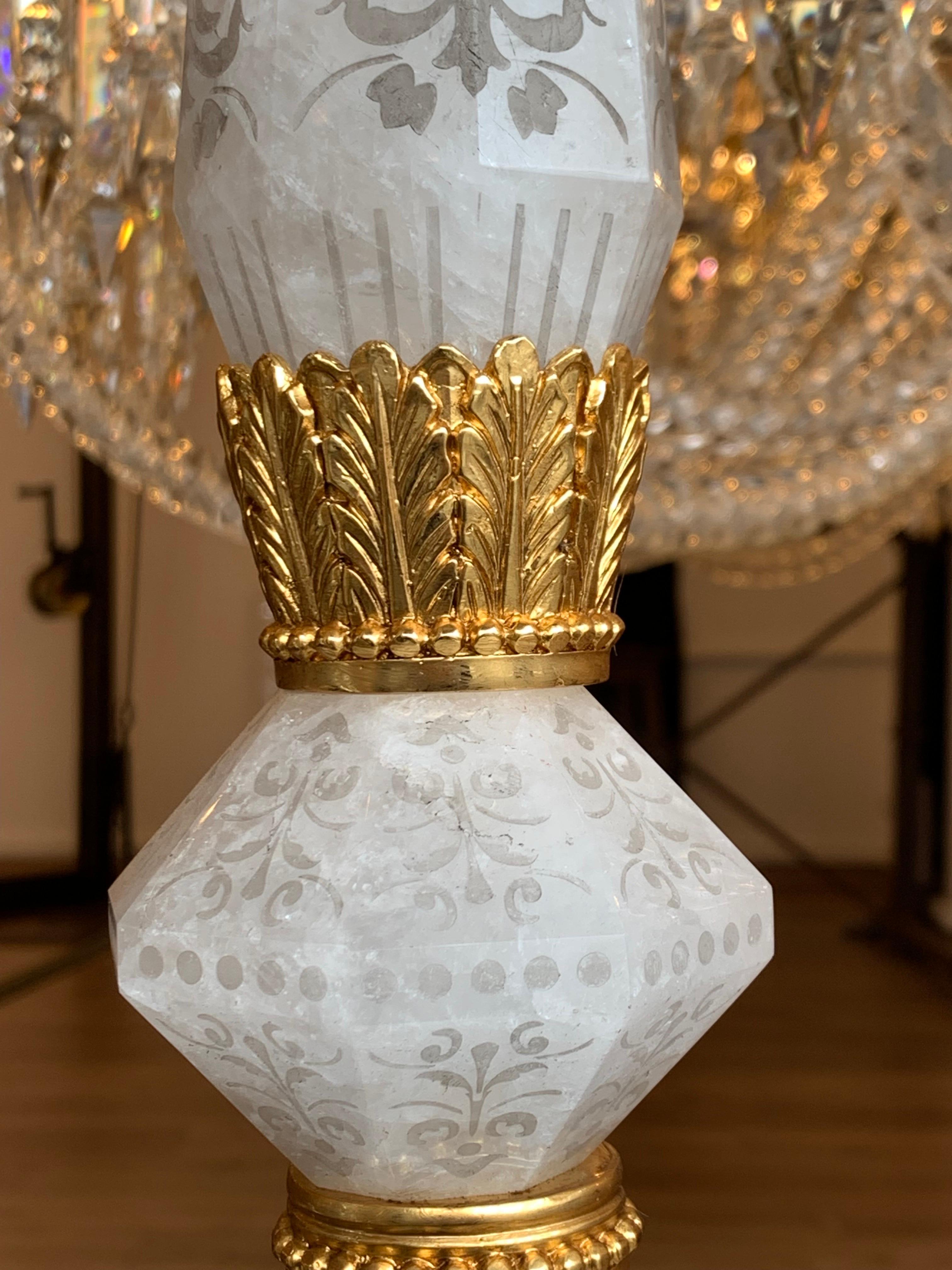 French 21th Century Table Lamp in Bronze and Rock Crystal Engraved with Etching For Sale