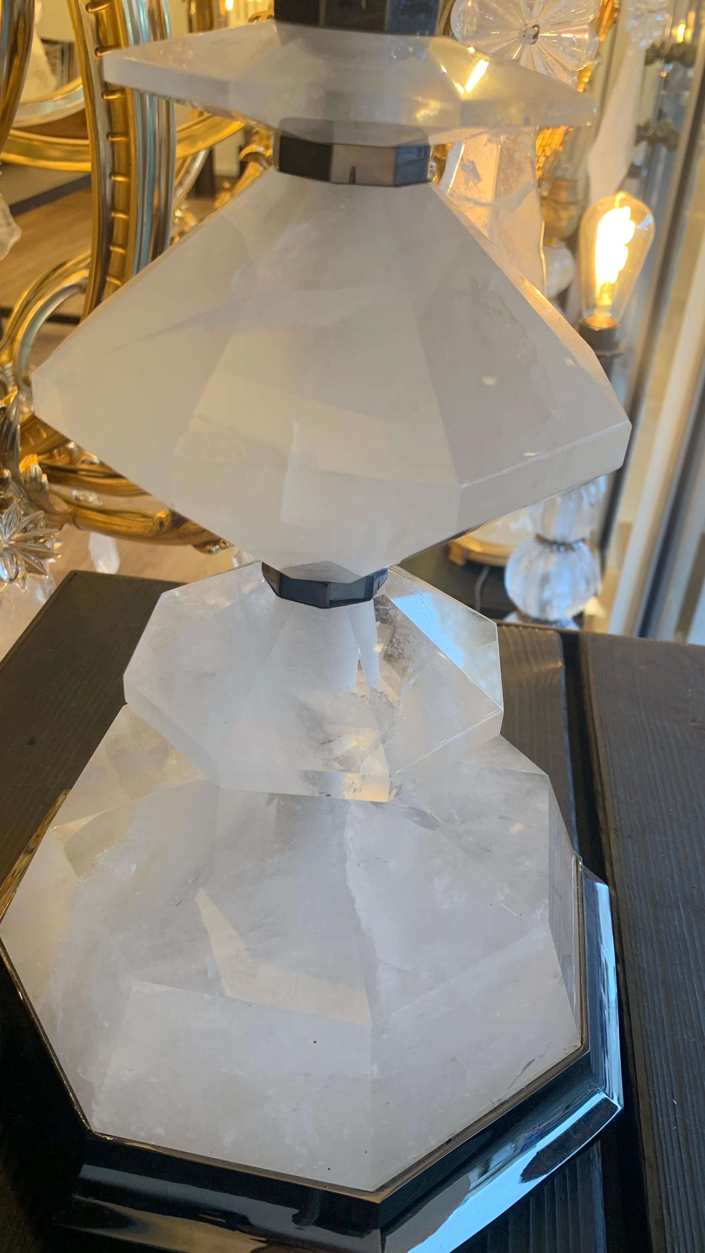 Modern 21th Century Table Lamp in Nickel Bronze and Geometric Rock Crystal For Sale