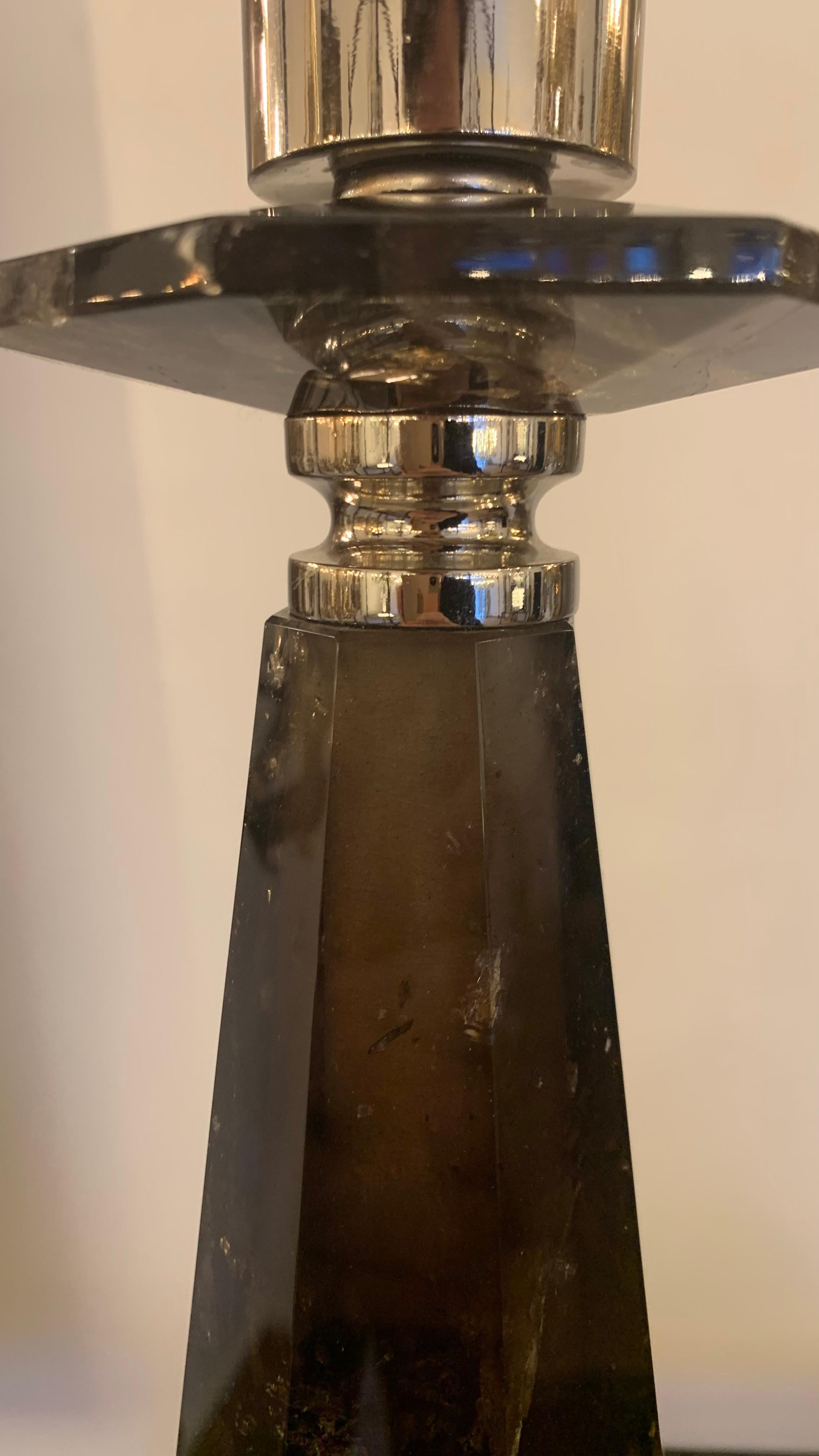 Contemporary 21th Century Table Lamp in Nickel Bronze and Smoked Rock Crystal For Sale
