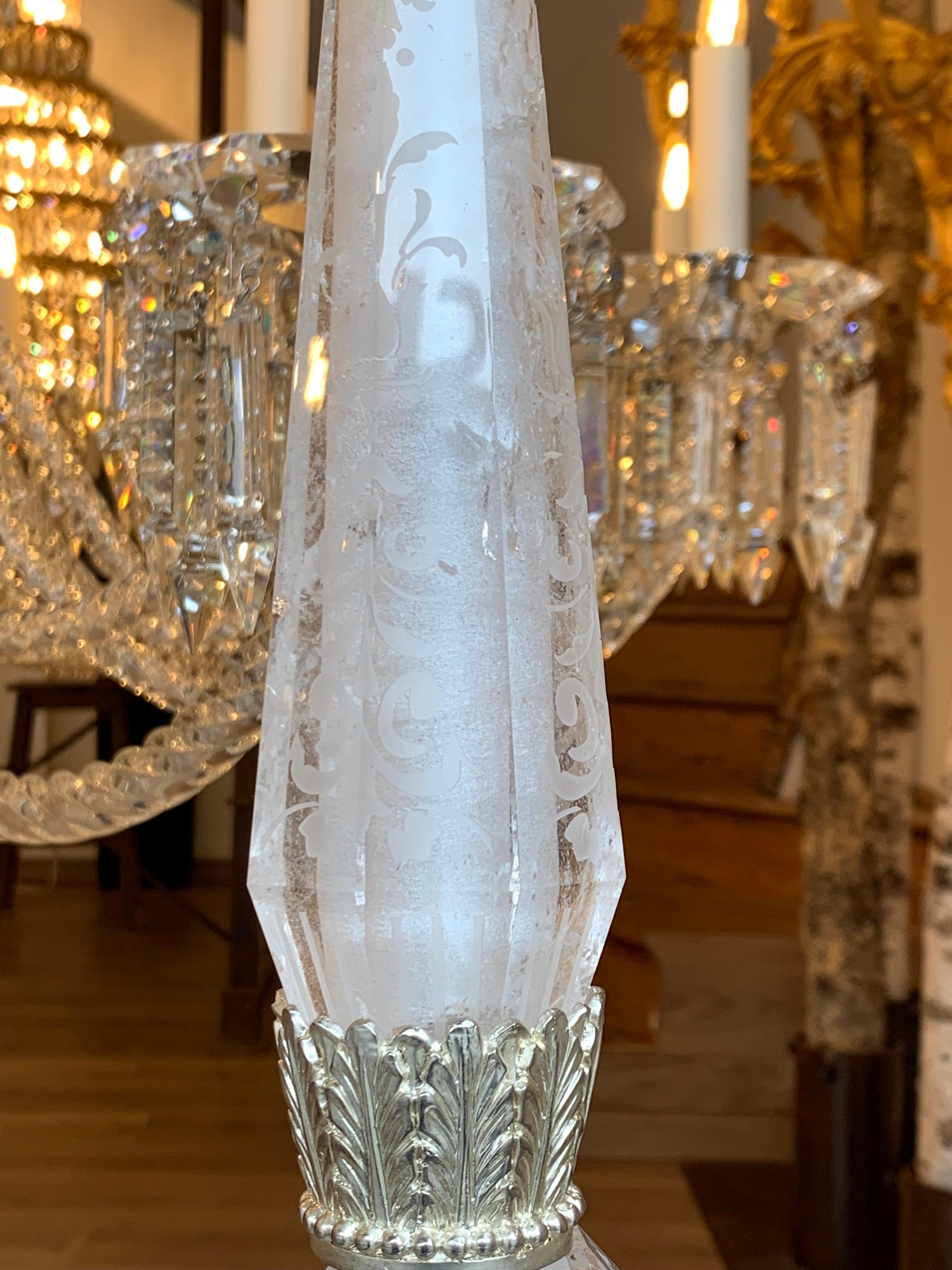 French 21th Century Table Lamp in Silver Bronze and Rock Crystal Engraved with Etching For Sale
