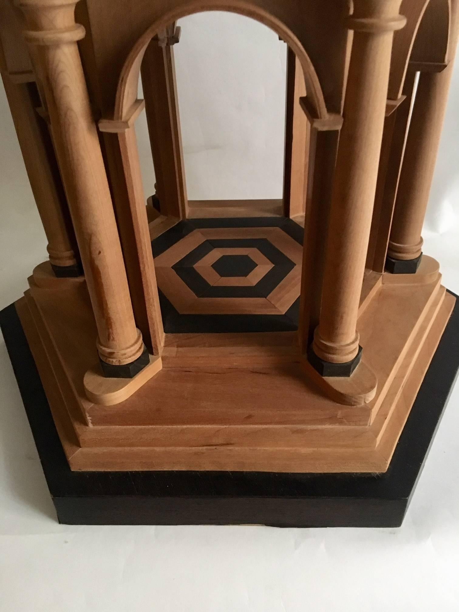 Model of architecture, in different woods, based on the models of the Italian Renaissance Architectural, fascinating early dome building.
Bare Rose wood and ebony, combined with very fine marquetry, sinuous curves and arches in beautifully finished