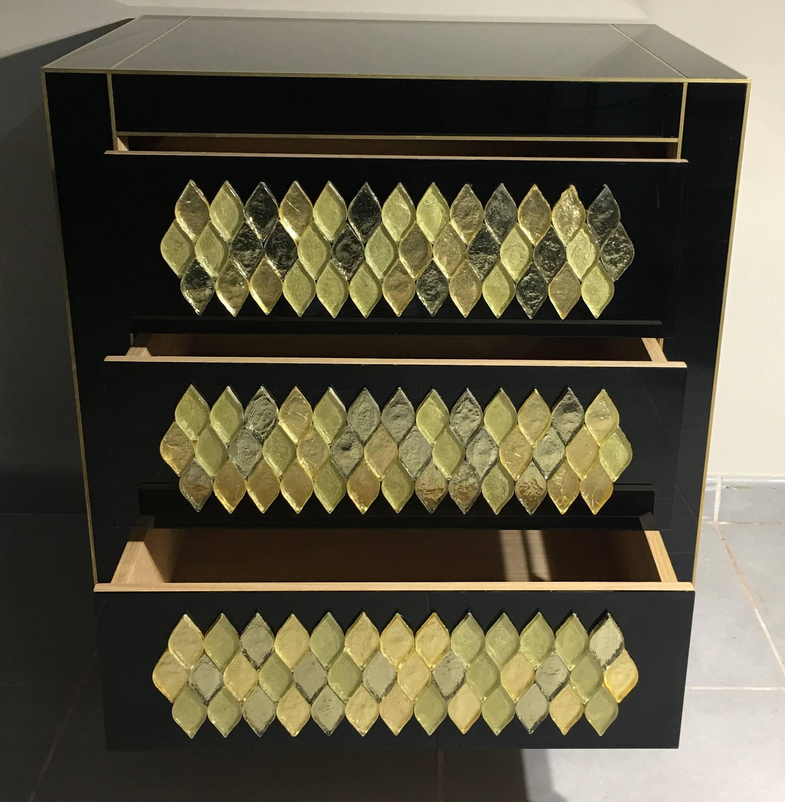 Wood 21th Handmade Mirrored Commode or Chest of Drawers in Murano Glass & Brass Inlay