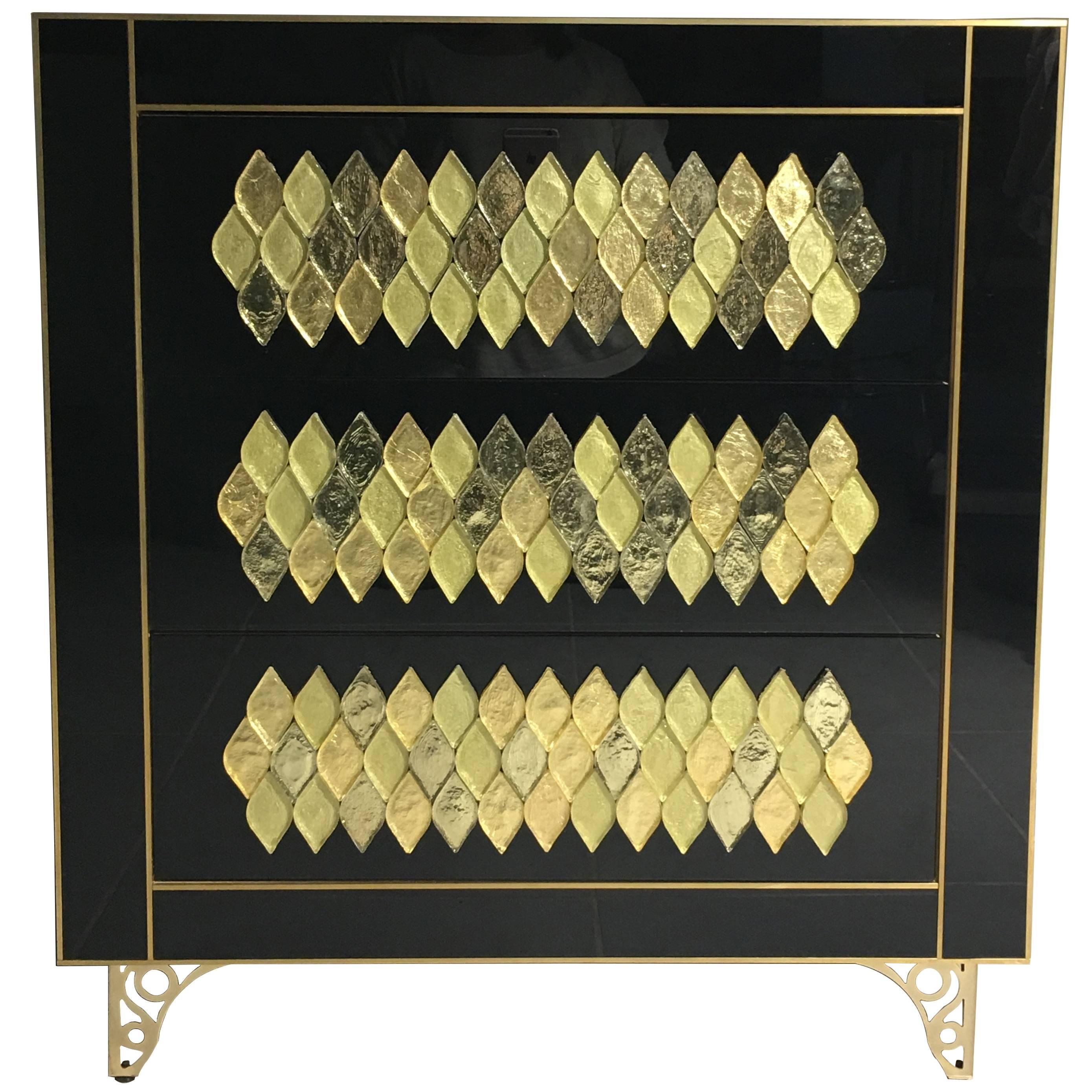 21th Handmade Mirrored Commode or Chest of Drawers in Murano Glass & Brass Inlay