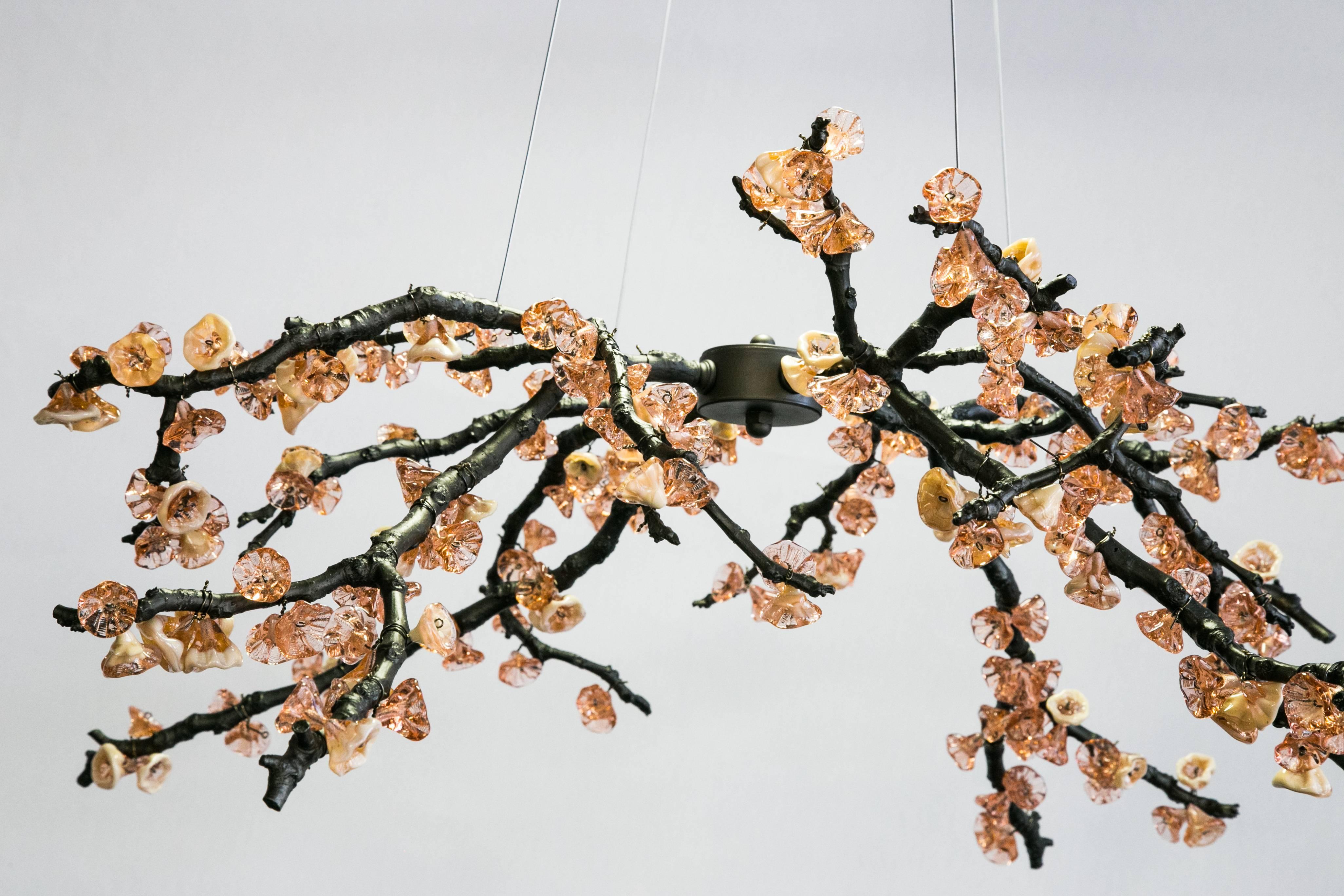 Mid-Century Modern Sculpture Chandelier Handmade Almond Three Pendant Lamp in Cast Brass & Glass For Sale