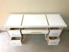 White Glass and Mirrored Desk with Brass, Commode Vanity, Chest of Drawers