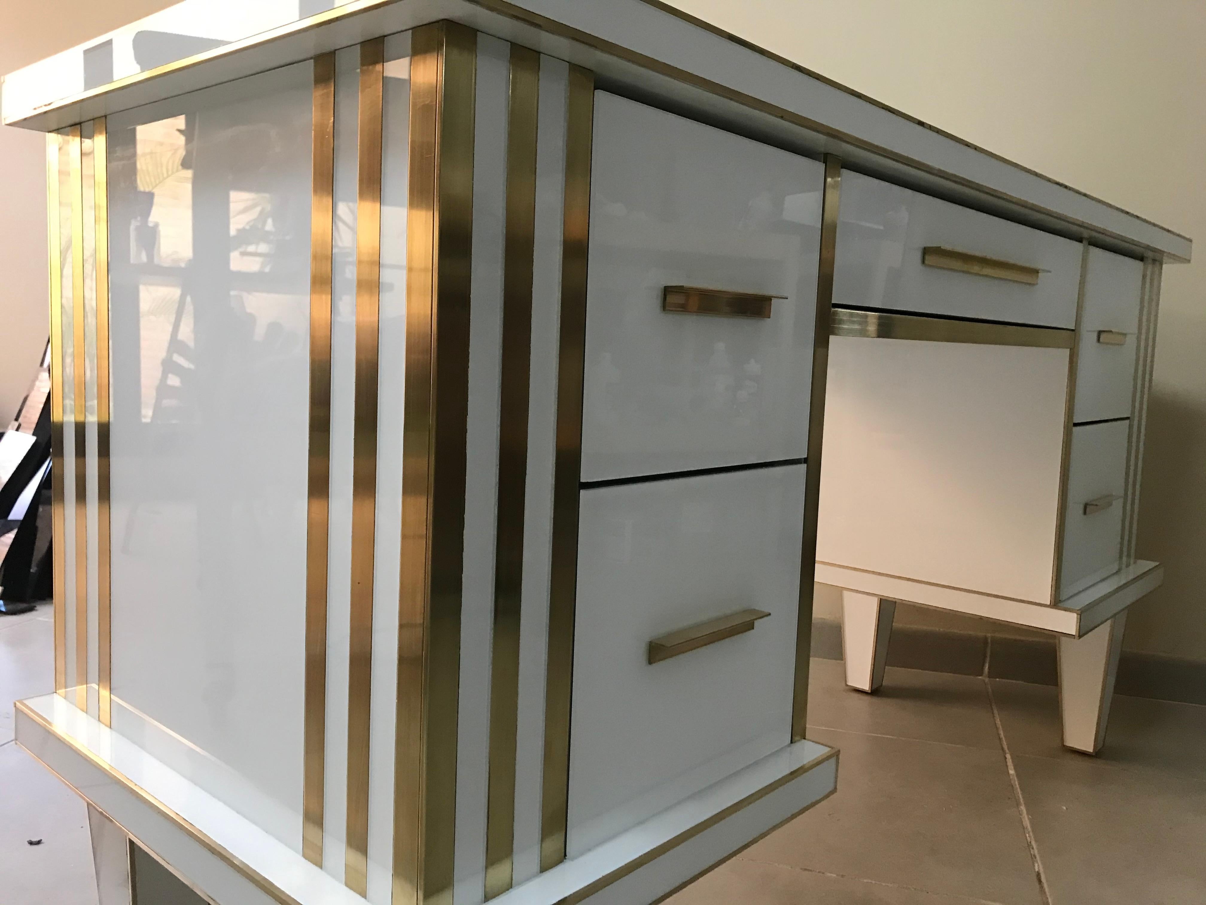 Modern White Glass and Mirrored Desk with Brass, Commode Vanity, Chest of Drawers