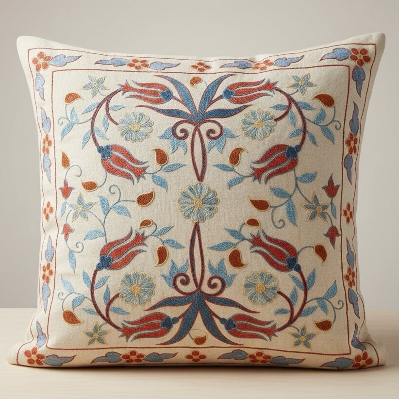 21"x20" Embroidered 100% Silk Cushion. Colorful Pillow Cover. Suzani Toss Pillow For Sale