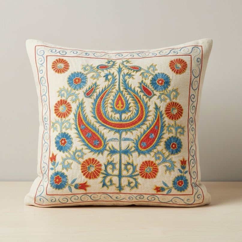 21"x21" 100% Silk Embroidered Throw Pillow. Traditional Handmade Cushion Cover For Sale