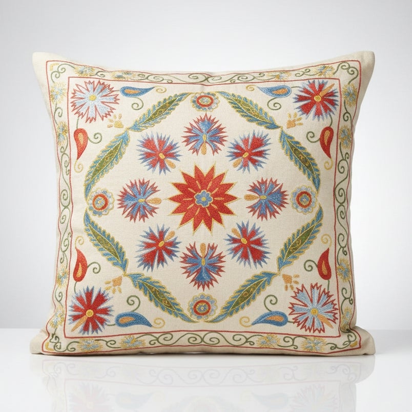 21"x21" All Silk Cushion Cover. Traditional Lace Pillow. Embroidered Pillowcase