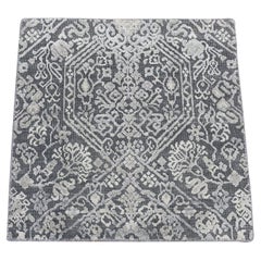 2'1"x2'1" Charcoal Gray Silk Textured Wool Tone on Tone Design Hand Knotted Rug