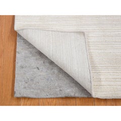 2'1"x2'1" Ivory Modern Stripe Design Hand Loomed Silk with Textured Wool Rug