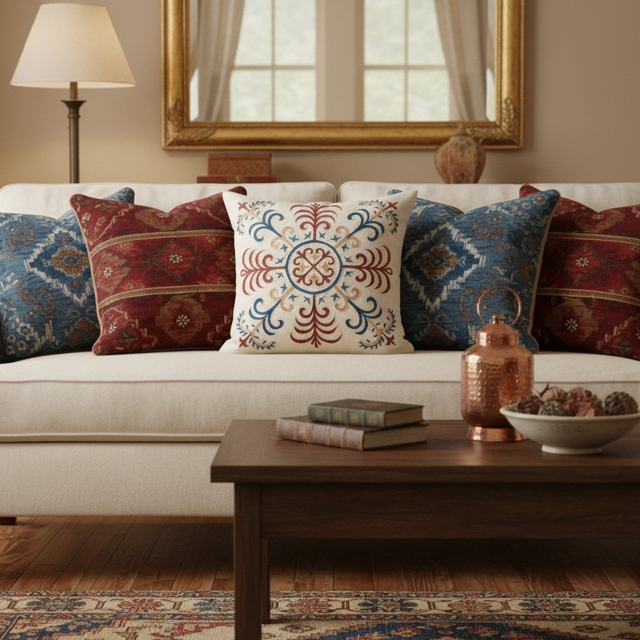 21"x21" Silk Cushion Cover. Embroidered Accent Pillow. Traditional Throw Pillow For Sale