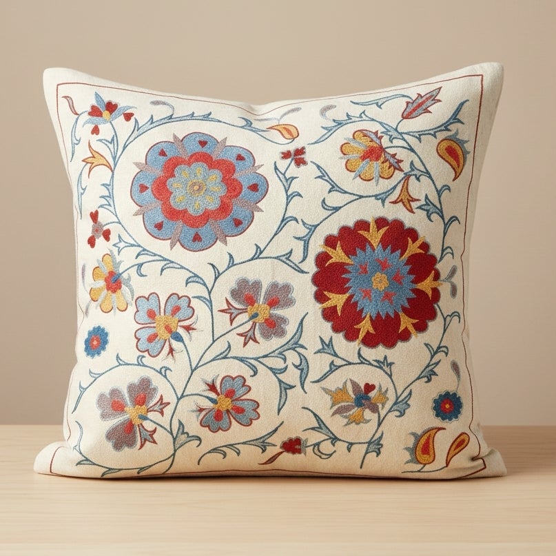 21"x21" Suzani Cushion Cover Made of Silk. Embroidered Pillow. New Throw Pillow