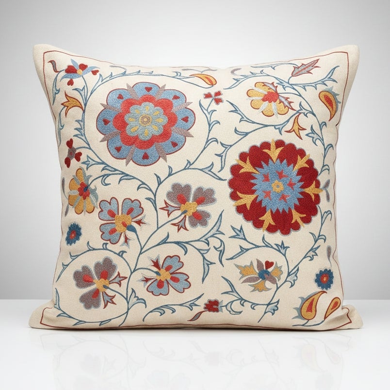 21"x21" Traditional 100% Silk Embroidered Pillow Cover. Handmade Cushion Cover