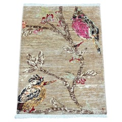 2'1"x2'10" Brown Sparrows on the Tree, Peshawar Hand Knotted Soft Wool Mat Rug