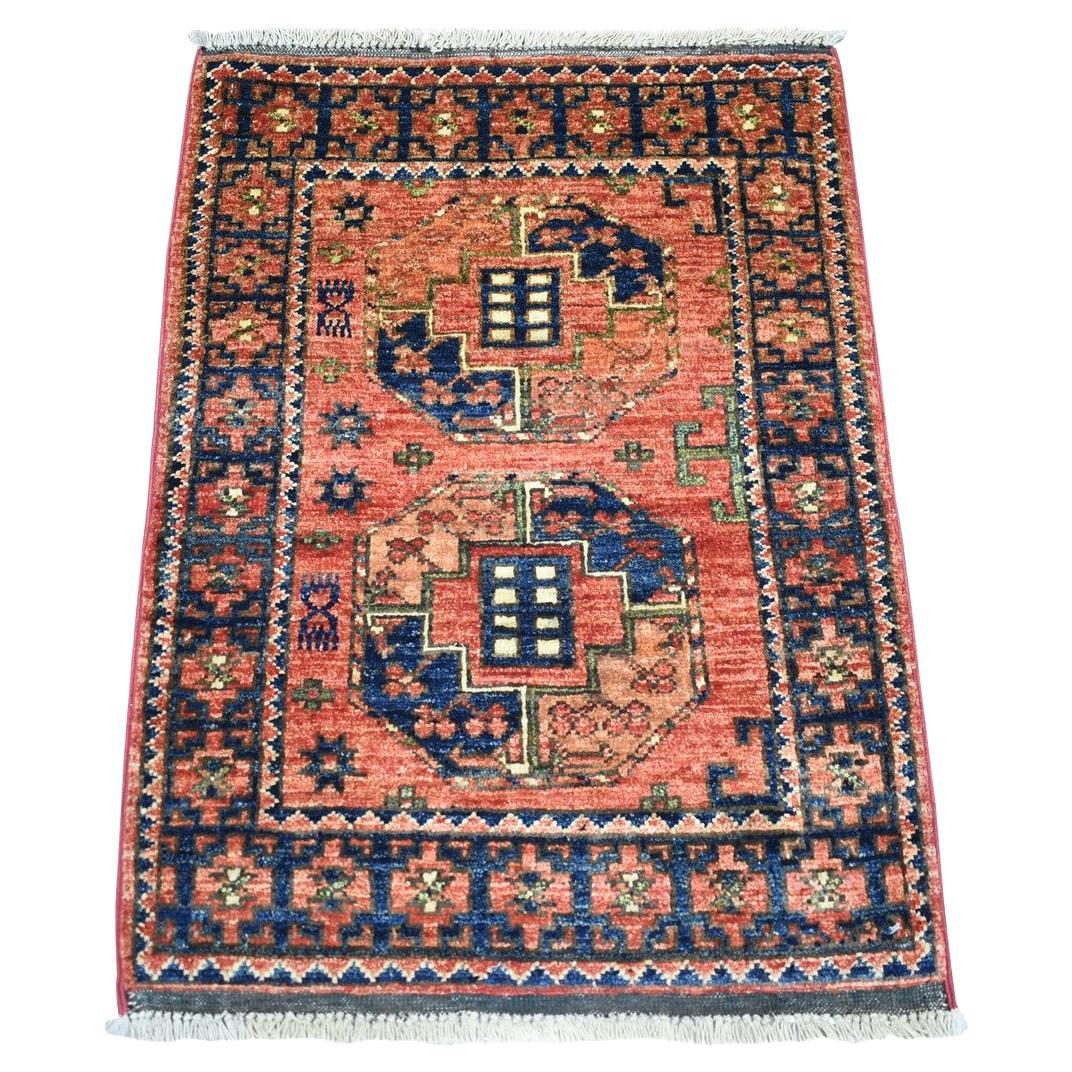 2
1 "x2
10" Rojo Coral Teñido Natural Alfombra Ersari Afgana de Lana Pura Anudada a Mano