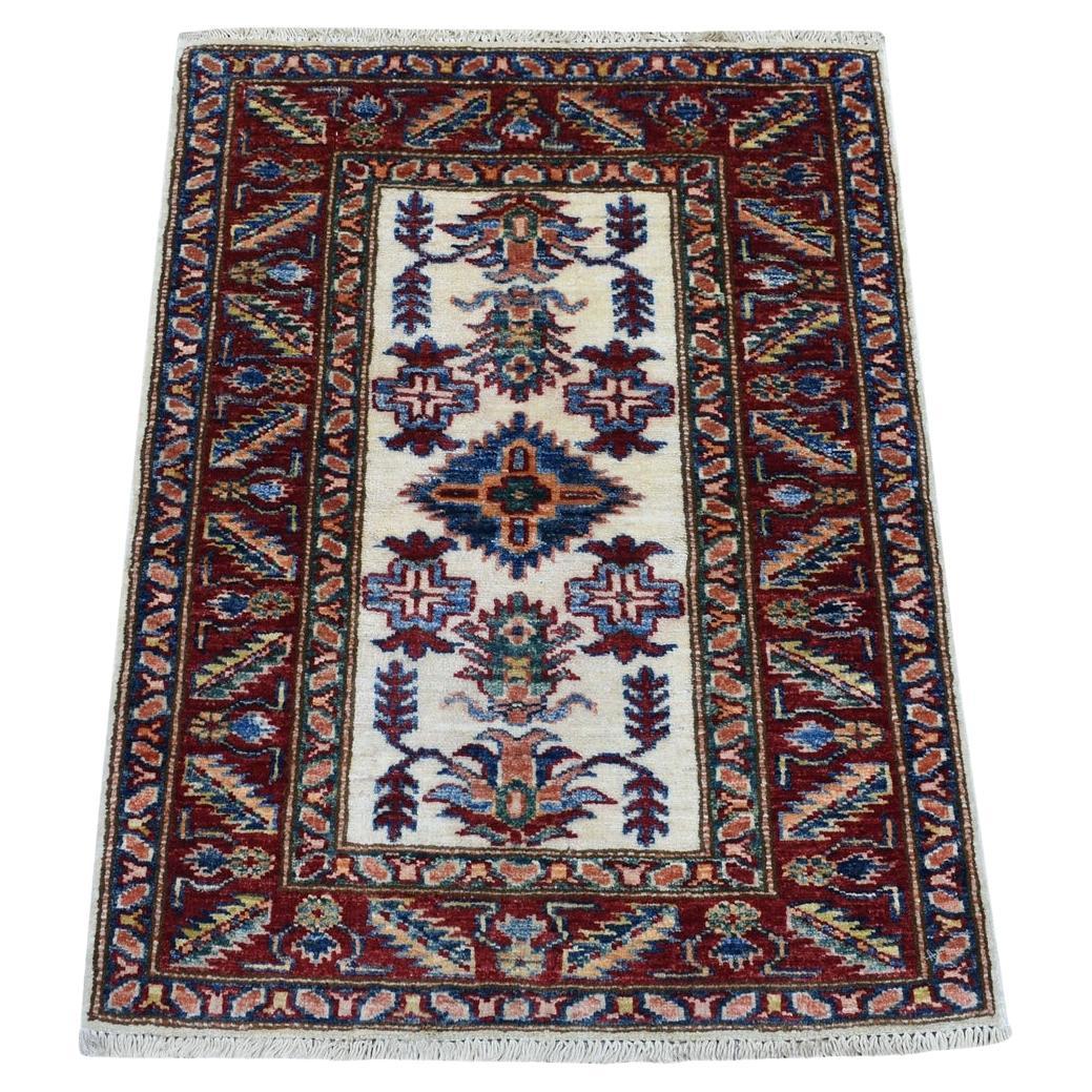 2'1"x2'10" Hand Knotted Tribal Design Super Kazak Soft Afghan Wool Ivory Mat Rug