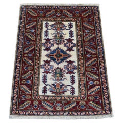 2'1"x2'10" Hand Knotted Tribal Design Super Kazak Soft Afghan Wool Ivory Mat Rug
