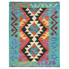 2'1"x2'8" Orange Flat Weave Geometric Afghan Kilim Hand Woven Pure Wool Mat Rug