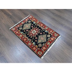 2'1"x3' Black Pure Wool Karajeh Design Hand Knotted Mat Small Oriental Rug