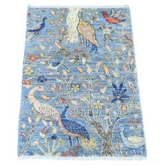 2
1"x3
 Blue Afghan Peshawar Birds of Paradise Design Hand Knotted Wool Rug