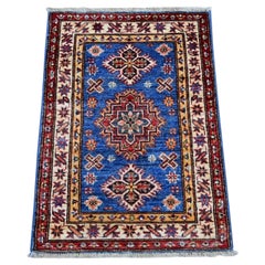 2'1"x3' Blue Hand Knotted Afghan Super Kazak Tribal Medallions Wool Mat Rug