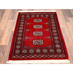 2'1"x3' Carmine Red Princess Bokara Hand Knotted Pure Wool Mat Small Rug