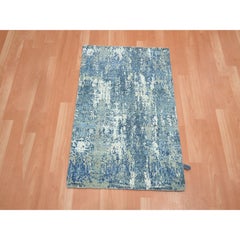 2'1"x3' Cerulean Blue Abstract Design Hand Knotted Wool and Real Silk Mat Rug