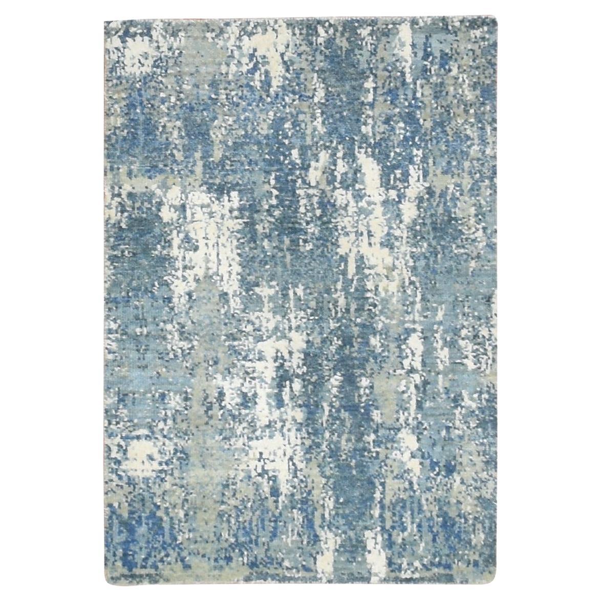 2'1"x3' Cerulean Blue Abstract Design Hand Knotted Wool and Real Silk Mat Rug