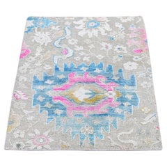 2'1 "x3' Tapis coloré en soie Sari et laine texturée Oushak Influence noué à la main