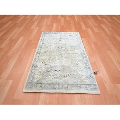 2'1"x3' Eggshell White Hand Knotted Pure Silk and Textured Wool Oushak Rug